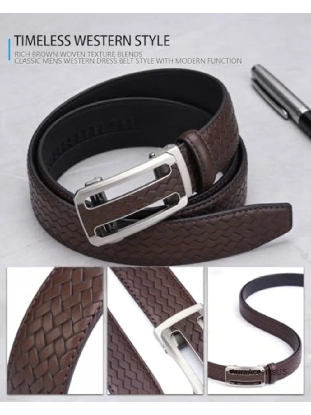Men's Woven Leather Ratchet Belt, Adjustable Slide Dress Belt with Automatic